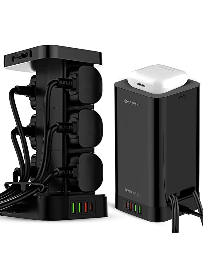 CAROSKI كاروكي سلك تمديد برج 3 في 1، 6 مآخذ طاقة مع شاحن لاسلكي 15 واط و 4 منافذ USB، كابل شحن إضافي C إلى C، سلك تمديد متعدد المآخذ - سلك تمديد 2 متر - Image 1