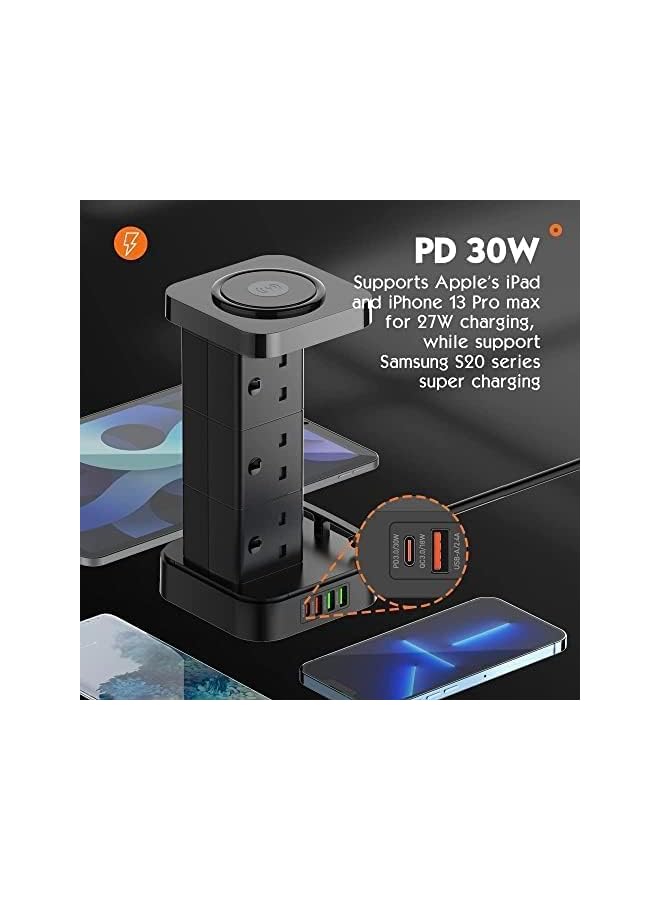 CAROSKI كاروكي سلك تمديد برج 3 في 1، 6 مآخذ طاقة مع شاحن لاسلكي 15 واط و 4 منافذ USB، كابل شحن إضافي C إلى C، سلك تمديد متعدد المآخذ - سلك تمديد 2 متر - Image 3