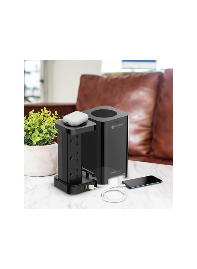 CAROSKI كاروكي سلك تمديد برج 3 في 1، 6 مآخذ طاقة مع شاحن لاسلكي 15 واط و 4 منافذ USB، كابل شحن إضافي C إلى C، سلك تمديد متعدد المآخذ - سلك تمديد 2 متر - Image 5