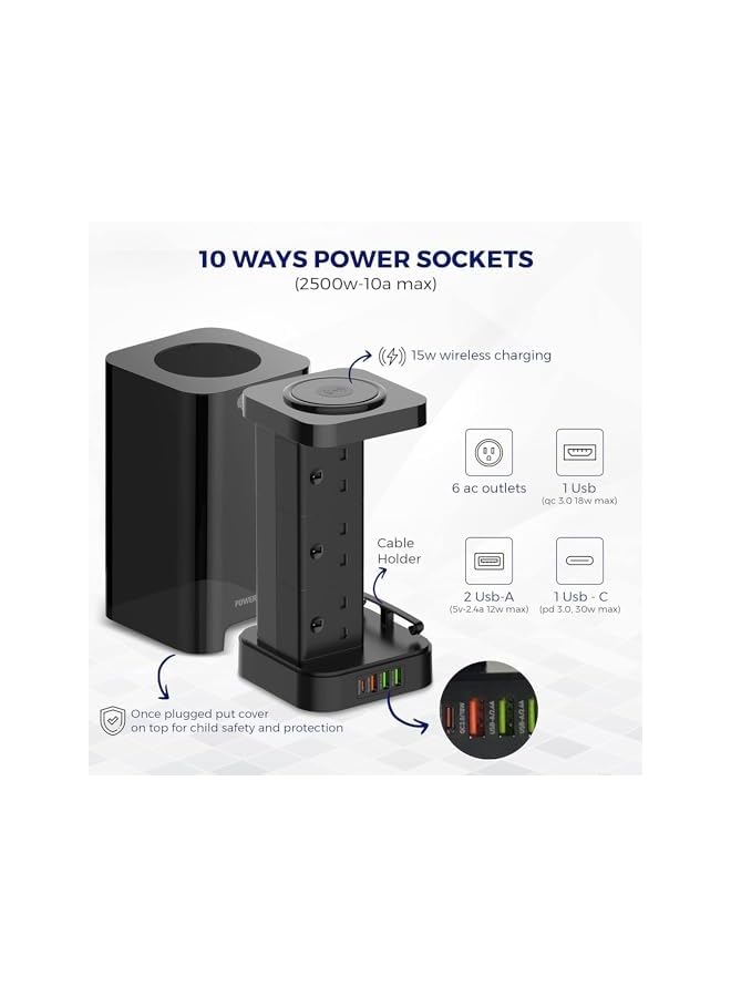 CAROSKI كاروكي سلك تمديد برج 3 في 1، 6 مآخذ طاقة مع شاحن لاسلكي 15 واط و 4 منافذ USB، كابل شحن إضافي C إلى C، سلك تمديد متعدد المآخذ - سلك تمديد 2 متر - Image 2