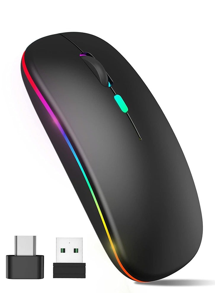 ماوس لاسلكي بلوتوث ، بلوتوث 5.1 + USB ، 2.4GHz القابلة لإعادة الشحن كتم ماوس لاسلكي بلوتوث ، ماوس الكمبيوتر مع جهاز استقبال الناقل التسلسلي العام ( أسود ) - Image 3