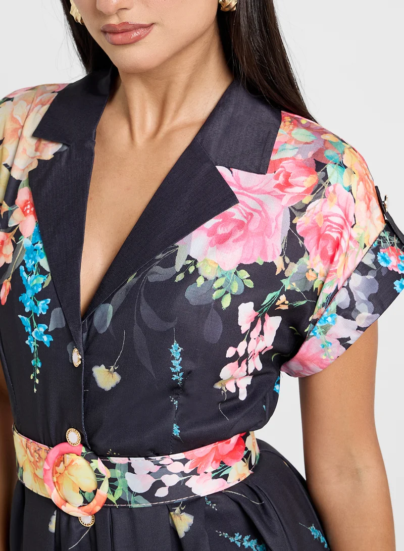 خزانة Floral Belted Midi Dress