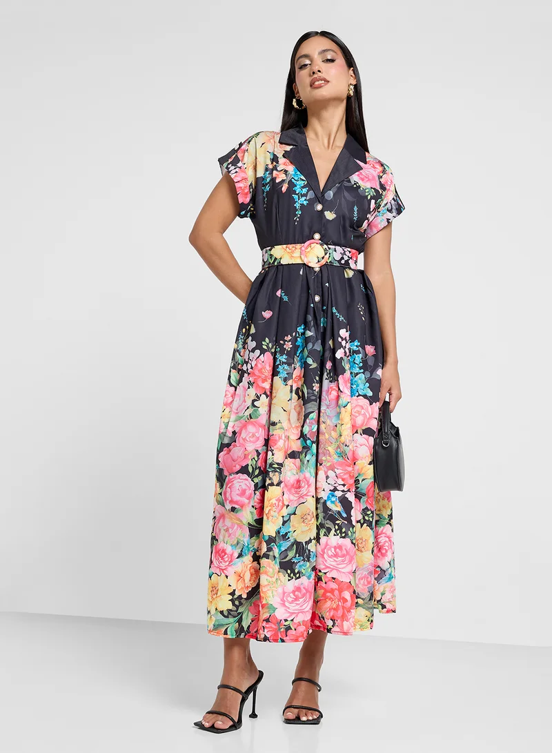 خزانة Floral Belted Midi Dress