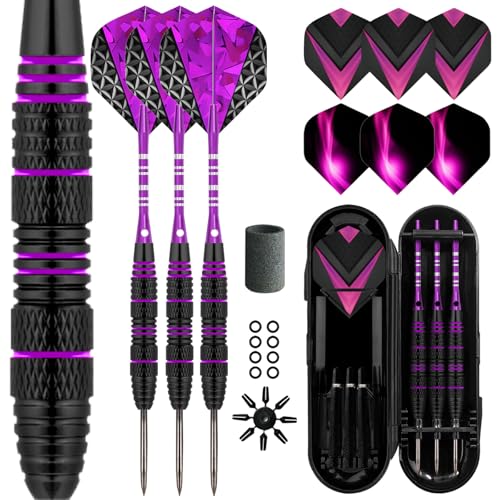 Lavishio Dart Metal Tip Set 3 Aluminum Dart Shafts Steel Tip Dart Set Professional Darts Steel Tip Set + Extra 3 Dart Flights 3 Replace Plastic Shafts (Black Purple) - Image 1