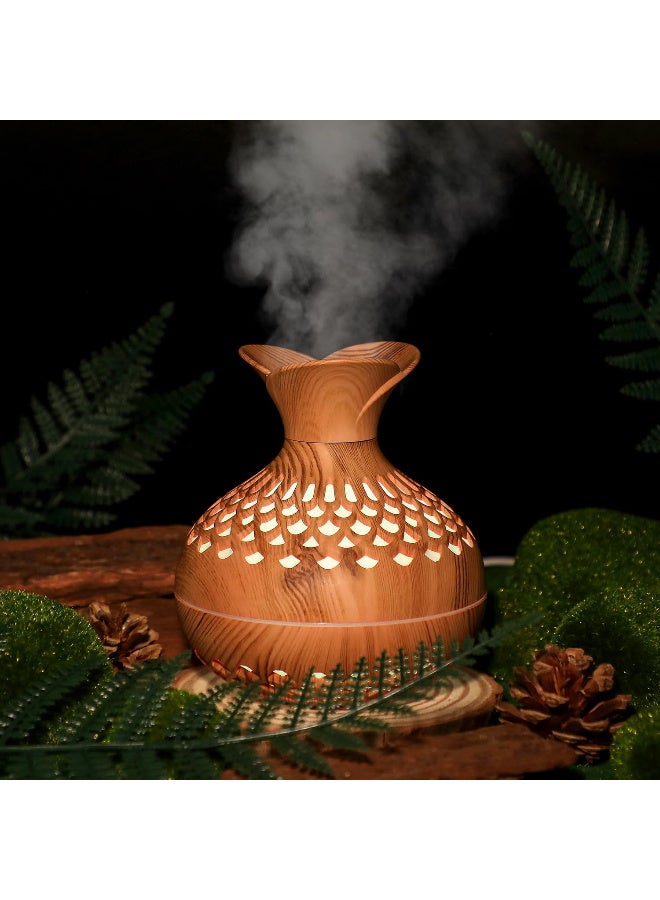 مرطب هواء على شكل زهرة، مرطب هواء من الخشب، 300 مل، مع إضاءة ليلية LED بـ 7 ألوان، شكل زهرة، وضعان للضباب، هادئ للغاية، سطح مكتب USB للسيارة، غرفة المكتب، غرفة النوم، المكتب، السفر (لايت وود) - Image 1