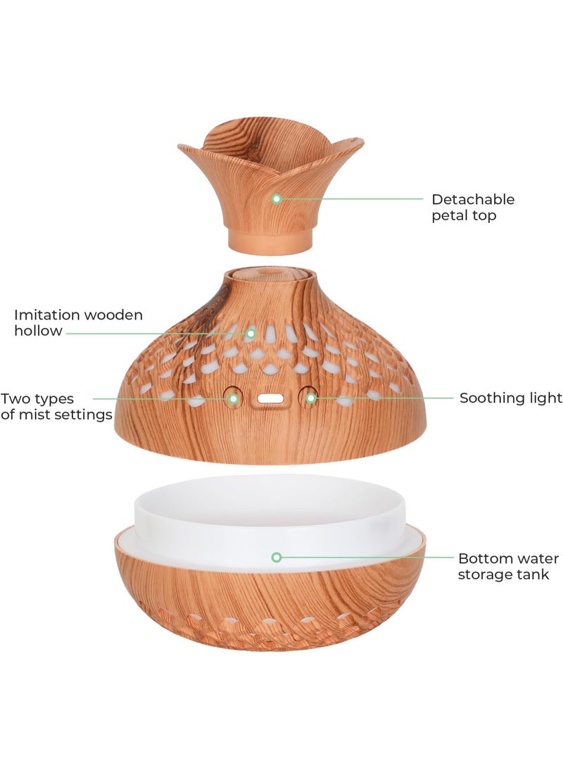 مرطب هواء على شكل زهرة، مرطب هواء من الخشب، 300 مل، مع إضاءة ليلية LED بـ 7 ألوان، شكل زهرة، وضعان للضباب، هادئ للغاية، سطح مكتب USB للسيارة، غرفة المكتب، غرفة النوم، المكتب، السفر (لايت وود) - Image 5
