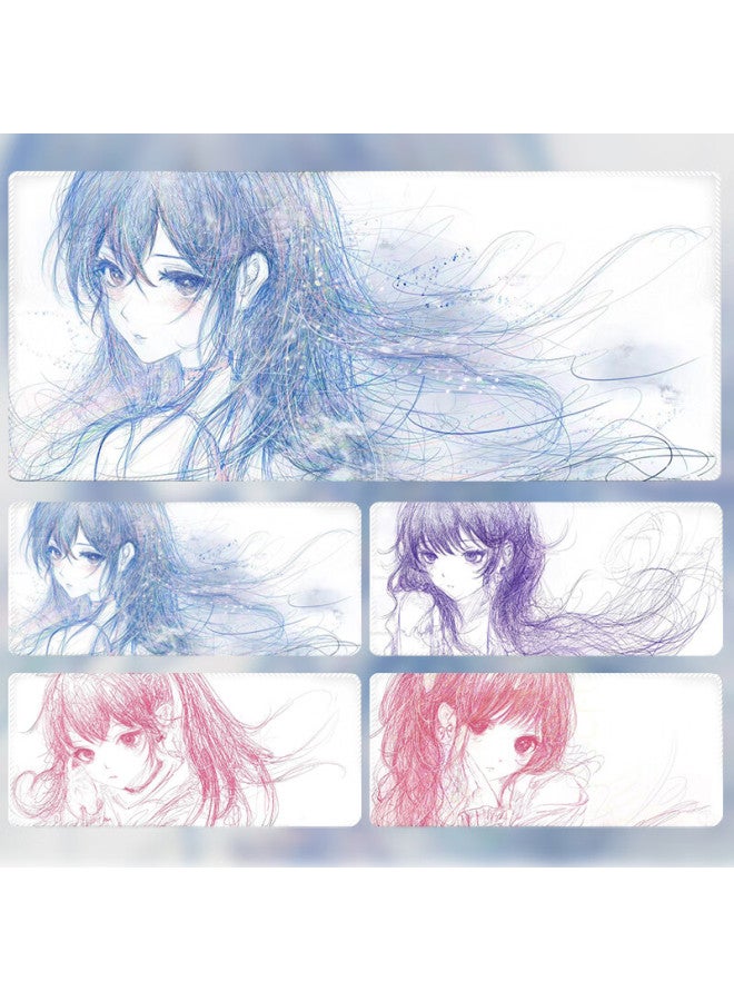 Kpte Girl Line Art Extra Large Mouse Pad Anime Two-dimensional Student Computer Keyboard Mat Laptop Desk Mat Gaming Non-slip Cute Holographic Blue 400*900*3