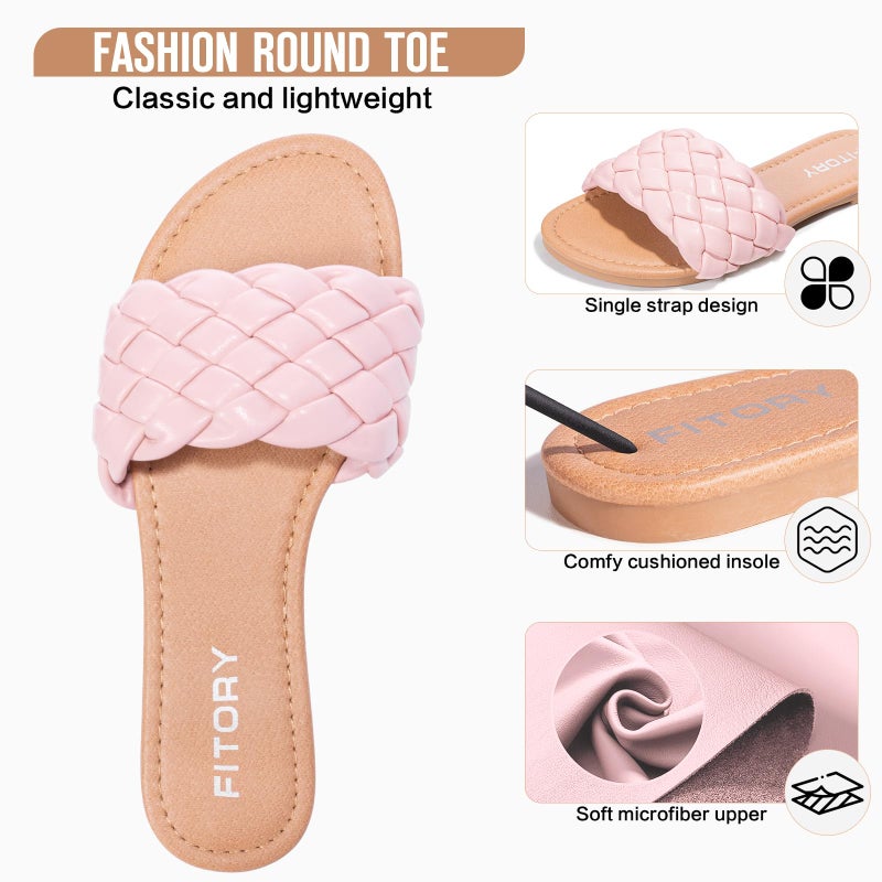FITORY Womens Flat Sandals Fashion Round Open Toe Slip On Slides with Braided Strap Slippers for Summer Size 8 Light Pink - Image 4