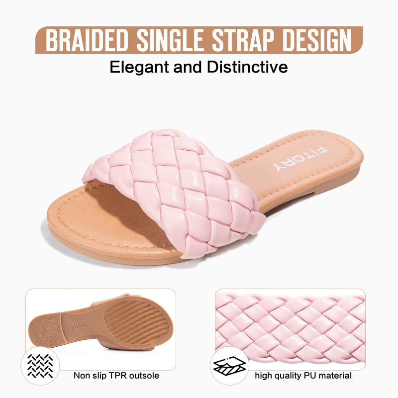 FITORY Womens Flat Sandals Fashion Round Open Toe Slip On Slides with Braided Strap Slippers for Summer Size 8 Light Pink - Image 3