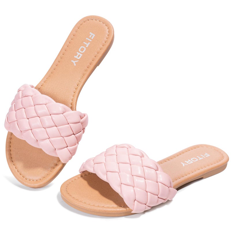 FITORY Womens Flat Sandals Fashion Round Open Toe Slip On Slides with Braided Strap Slippers for Summer Size 8 Light Pink - Image 1