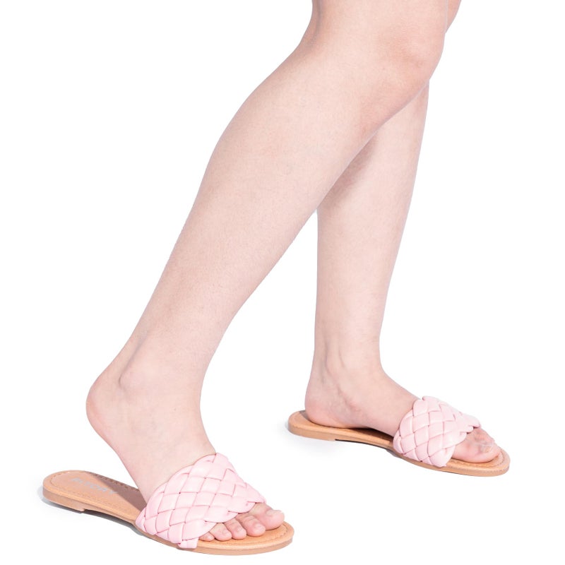 FITORY Womens Flat Sandals Fashion Round Open Toe Slip On Slides with Braided Strap Slippers for Summer Size 8 Light Pink - Image 2
