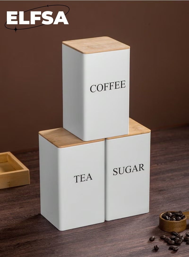 ELFSA 3pc Coffee Storage Can Tea Snacks Coffee Bean Storage Can Bamboo Lid Iron Art Display Square Can  - Image 1