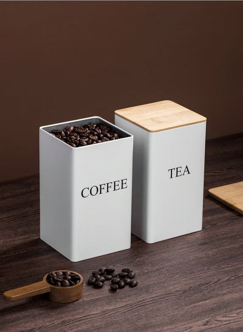 ELFSA 3pc Coffee Storage Can Tea Snacks Coffee Bean Storage Can Bamboo Lid Iron Art Display Square Can  - Image 2