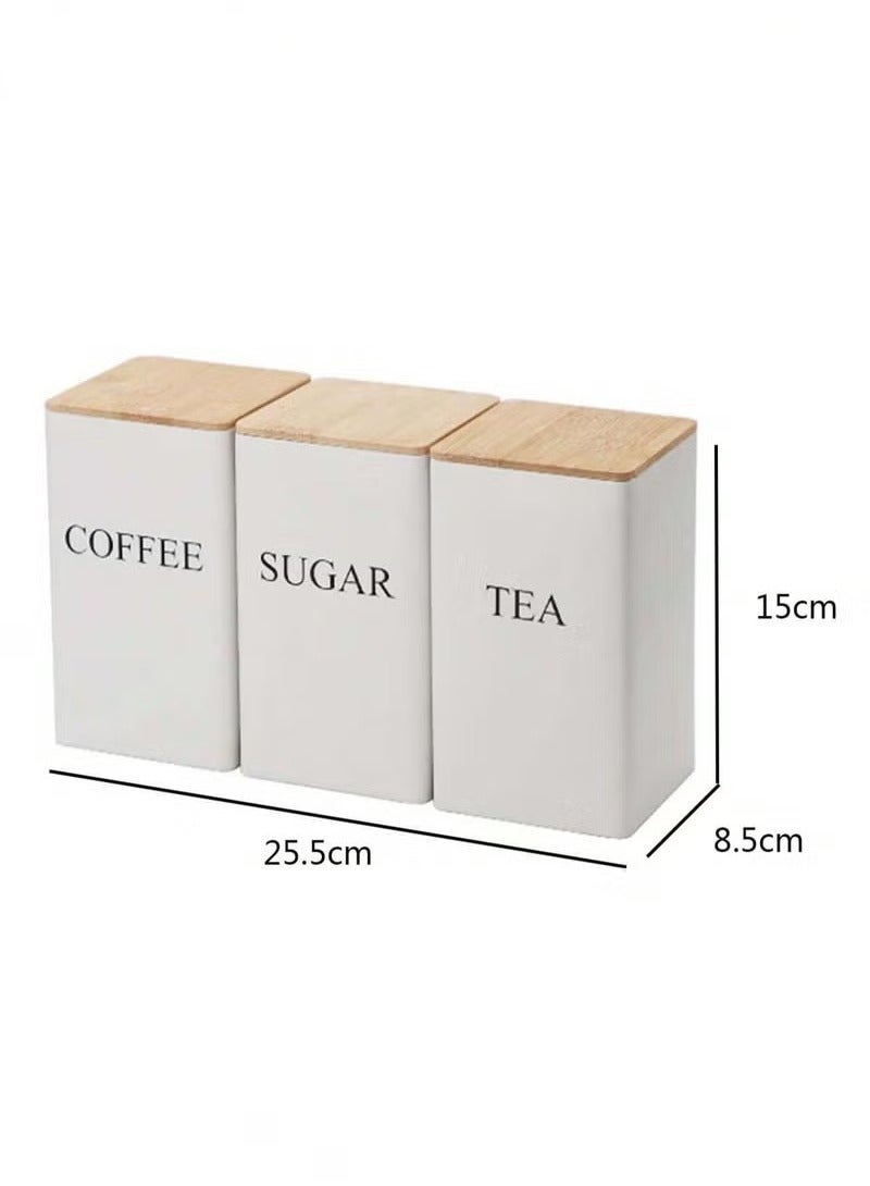 ELFSA 3pc Coffee Storage Can Tea Snacks Coffee Bean Storage Can Bamboo Lid Iron Art Display Square Can  - Image 3