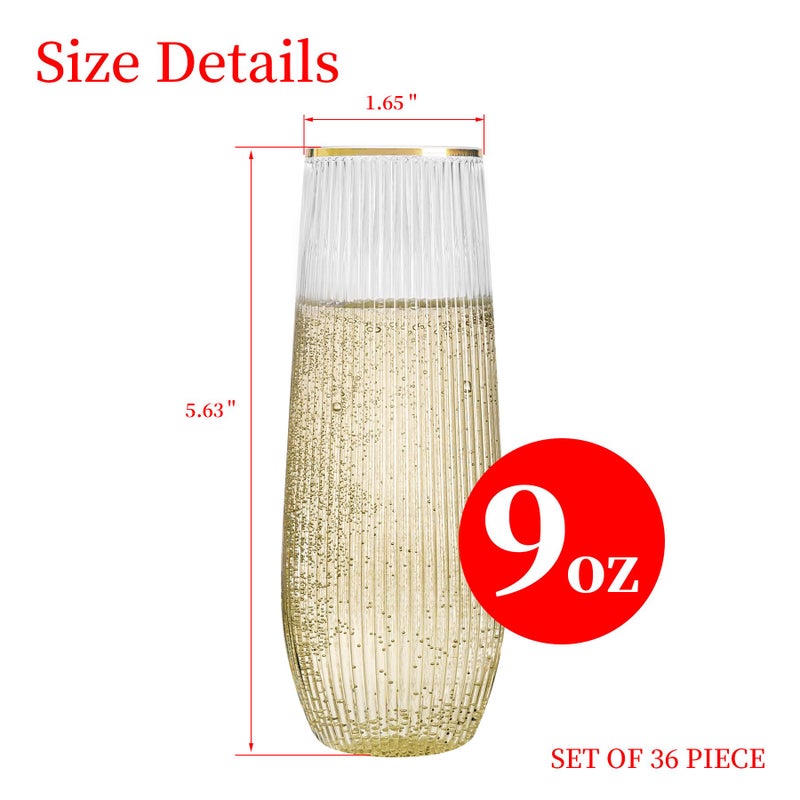 HOMIP 36pcs Plastic Champagne Flutes with Gold Rim - 9oz BPA-free Disposable Champagne Glasses, Ribbed Ripple Design for Weddings, Parties, Bars & Events (Stemless, Durable) - Image 2