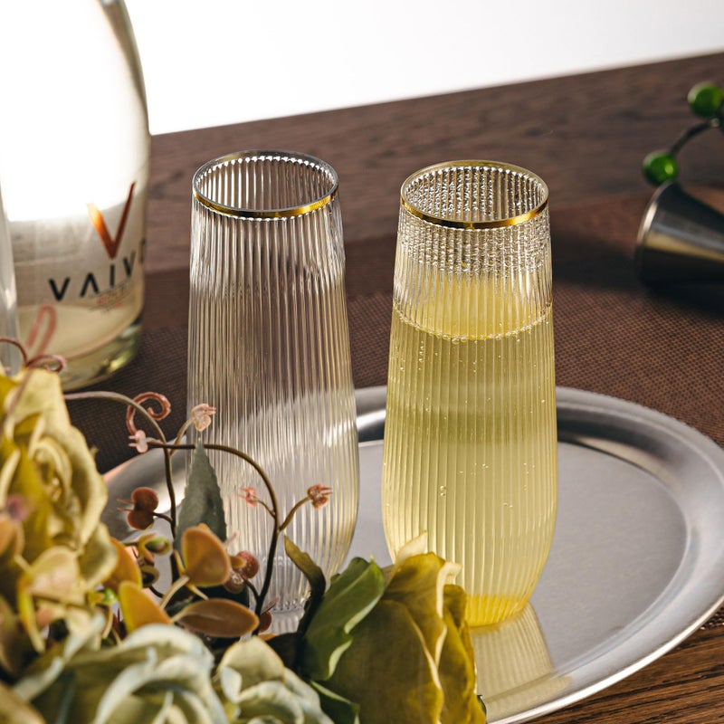 HOMIP 36pcs Plastic Champagne Flutes with Gold Rim - 9oz BPA-free Disposable Champagne Glasses, Ribbed Ripple Design for Weddings, Parties, Bars & Events (Stemless, Durable) - Image 5