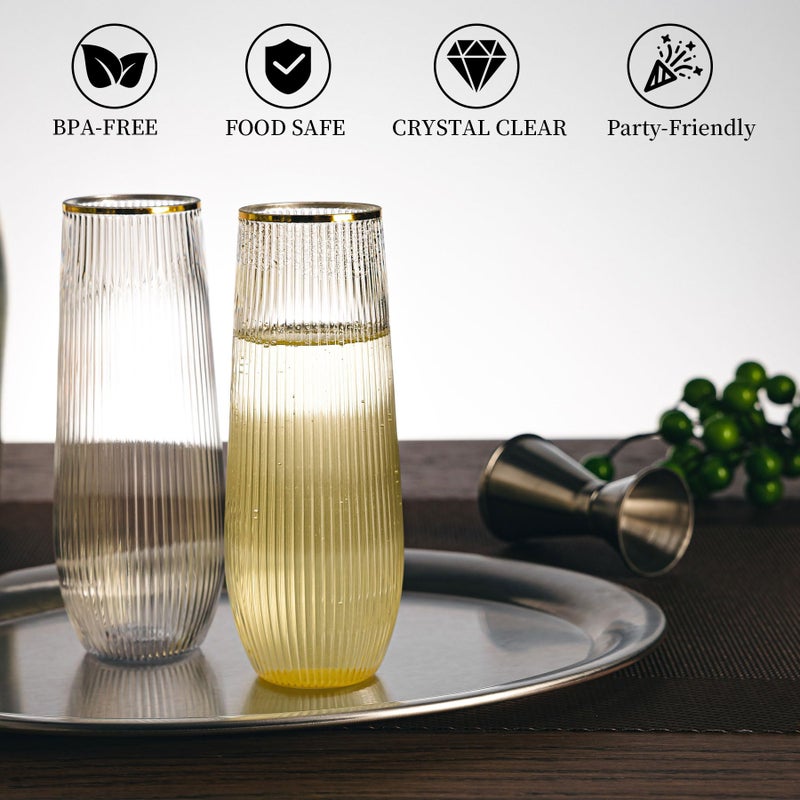 HOMIP 36pcs Plastic Champagne Flutes with Gold Rim - 9oz BPA-free Disposable Champagne Glasses, Ribbed Ripple Design for Weddings, Parties, Bars & Events (Stemless, Durable) - Image 4