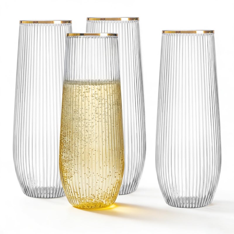 HOMIP 36pcs Plastic Champagne Flutes with Gold Rim - 9oz BPA-free Disposable Champagne Glasses, Ribbed Ripple Design for Weddings, Parties, Bars & Events (Stemless, Durable) - Image 1