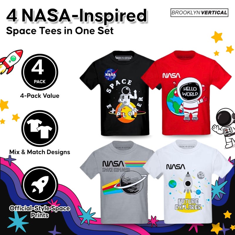 BROOKLYN VERTICAL 4-Pack Toddler NASA Print Outer Space Rocket Ship Short Sleeve T-Shirt | Soft Cotton Sizes 2T-4T (Combo A, 3T) - Image 2
