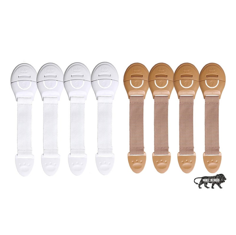Chipmunks Furniture Safety Locks for Kids, Made in India Child Safety, Locks for Drawers, Cabinets, Fridge, Cupboard Lock, Strong and Adhesive Safety Locks (4 Beige + 4 White) - Image 1
