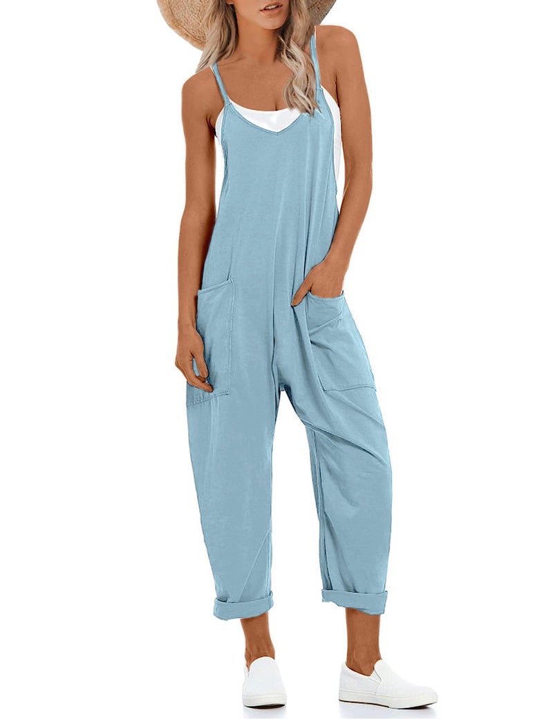 Lentta Women's Causal Jumpsuits V Neck Sleeveless Harem Overalls Stretchy Adjustable Strap Romper with Pockets(LightBlue-XL) - Image 1