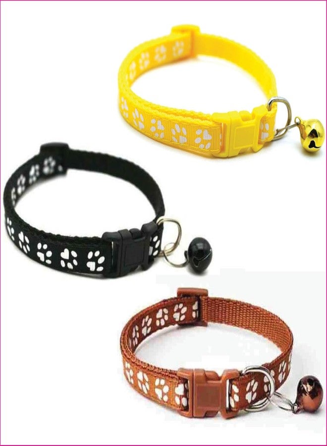 Litvibes Cat Collars Set of 3 with Bell,Kitten & Small Dogs Soft Adjustable Collar Safe,Solid & Protection Breakaway for Cats & Puppies,Cute Kitty Neckband with Paw Print- (Black,Yellow,Brown) - Image 1