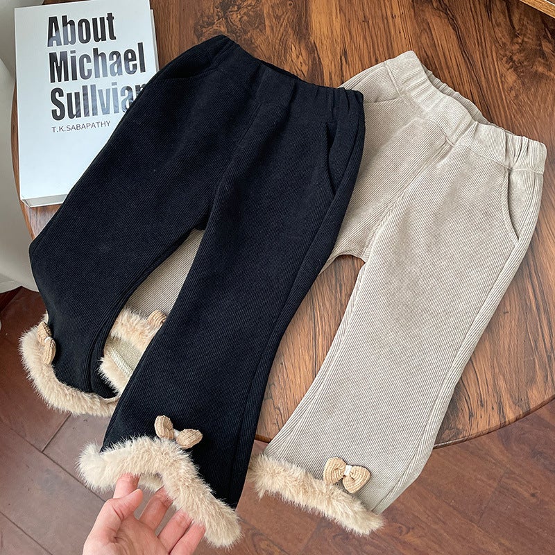 2023 Winter New Baby Girl Flared Pants One-Piece Velvet Western Style Leggings Baby Girl Fleece-Lined Thick Pants For Outer Wear - Image 3
