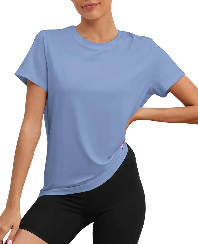 KevaMolly Blue Workout Tops for Women UPF50+ Breathable Loose Fit Yoga T Shirts Short Sleeve Running Gym Athletic Tee Top L - Image 1