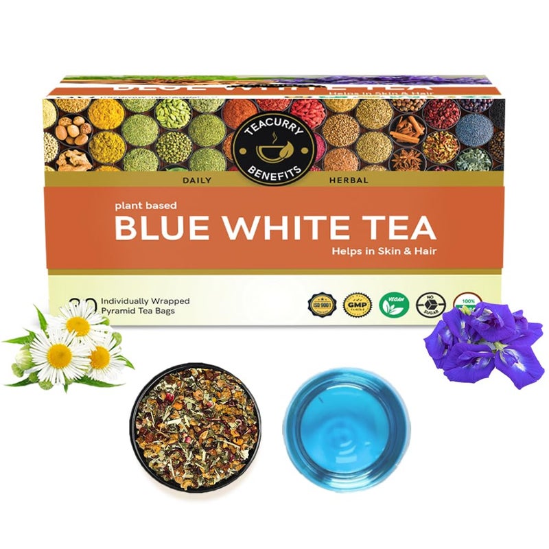 Teacurry Blue White Tea (30 Tea Bags) - Helps with Skin Wellness, Hair Strength, Calmness and Sleep | Flower Based, Caffeine Free Herbal Tea - Image 1