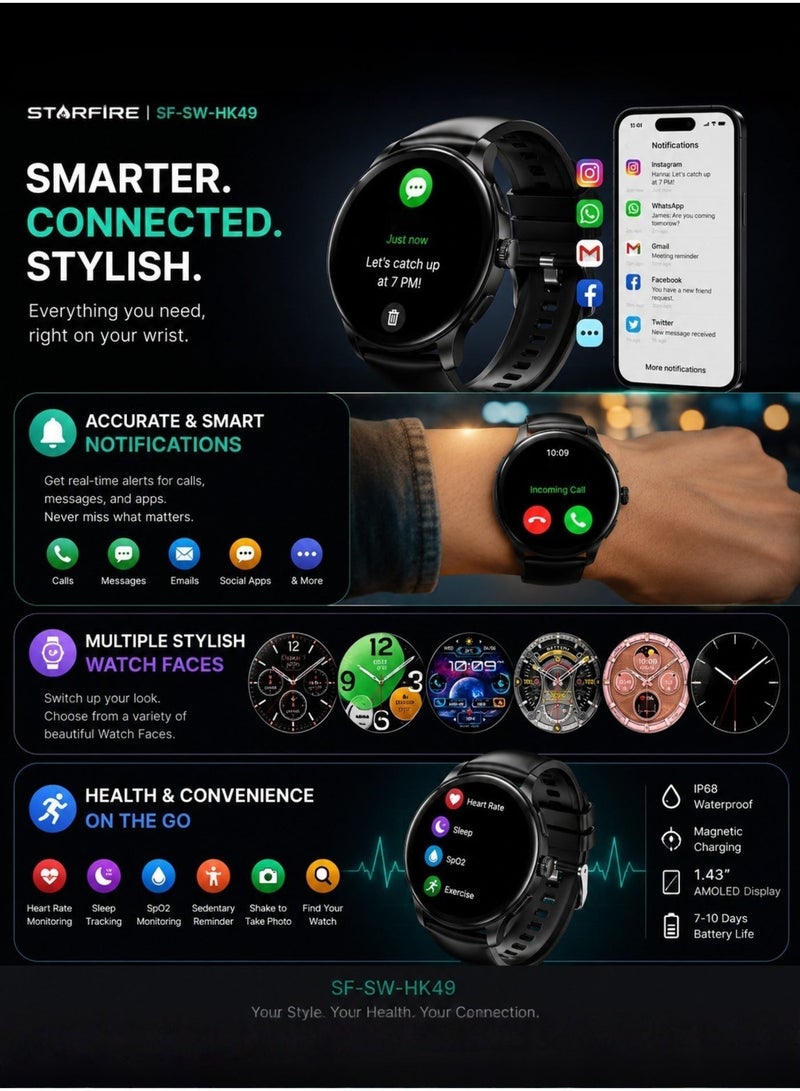 Starfire 1.43” Full Touch Round Smart Watch, IP68 Water Resistant, Magnetic Charging, Lightweight Black Fitness Watch - Image 2