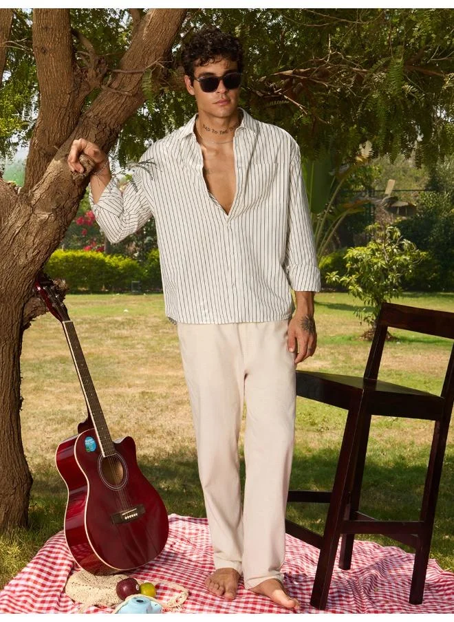 The Souled Store The Souled Store Men Striped Mono Edge White Easy Fit Shirts