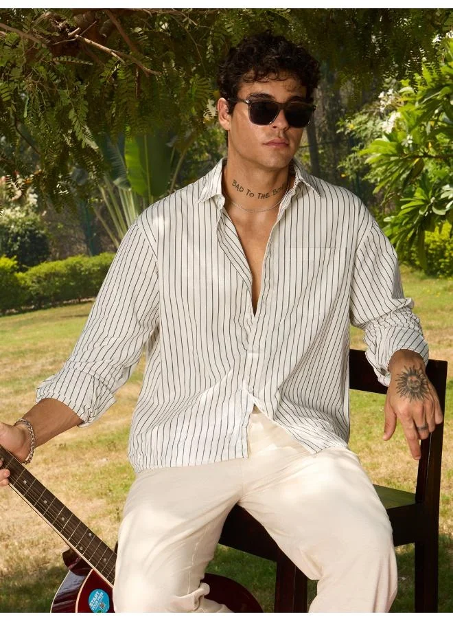 The Souled Store The Souled Store Men Striped Mono Edge White Easy Fit Shirts
