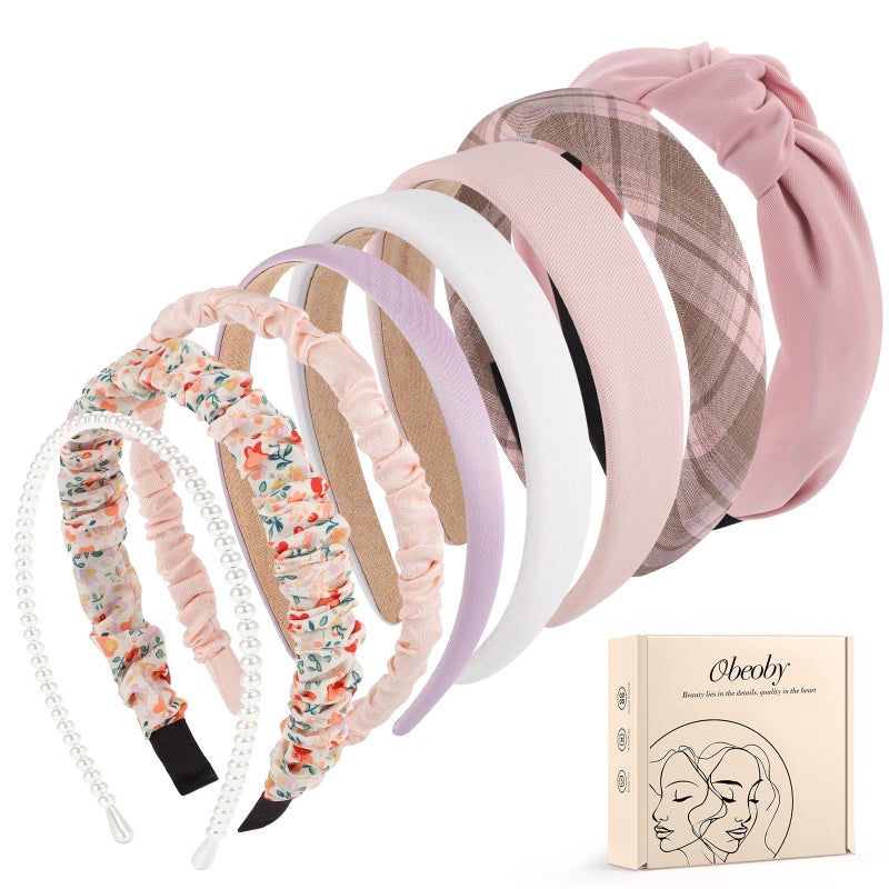 obeoby 8 Pack Pink Trendy Headbands, Multiple Styles Headbands for Hairstyle Management Non Slip Floral Pearl Hairband Gifts for Teen Girls - Image 1