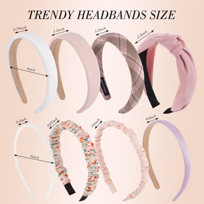 obeoby 8 Pack Pink Trendy Headbands, Multiple Styles Headbands for Hairstyle Management Non Slip Floral Pearl Hairband Gifts for Teen Girls - Image 2