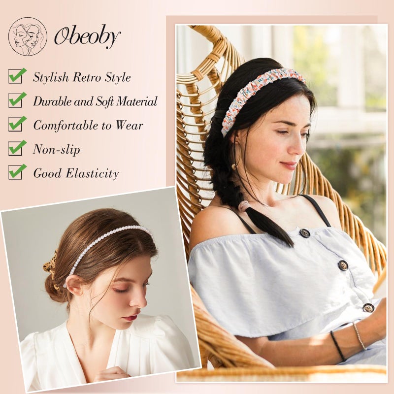 obeoby 8 Pack Pink Trendy Headbands, Multiple Styles Headbands for Hairstyle Management Non Slip Floral Pearl Hairband Gifts for Teen Girls - Image 3