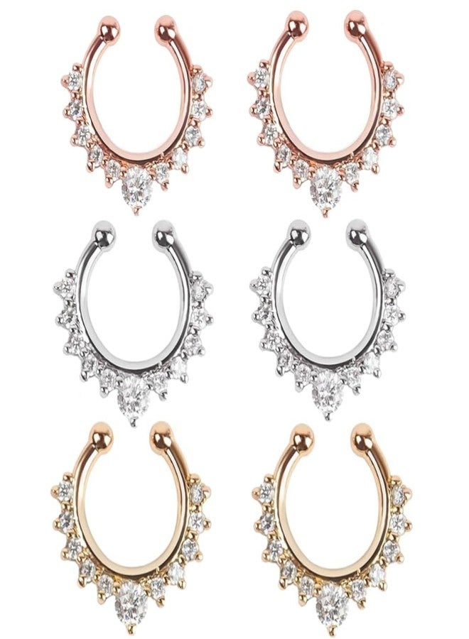 RupeeRise 6 Pcs Nose Rings, C-Bar Horseshoe Shaped Nostril Jewelry, Nose Pins for Women, Fake Nose Ring with Piercing, Fashionable Double Row Diamond Nose Clip, Septum Nose Ring for Women Please note that the diameter is 1cm ﻿ - Image 1