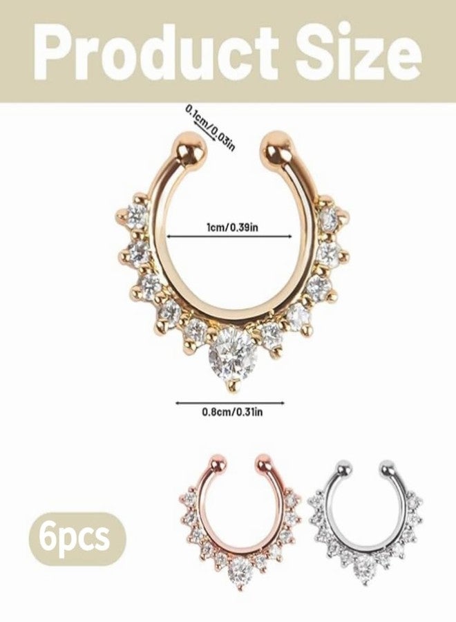 RupeeRise 6 Pcs Nose Rings, C-Bar Horseshoe Shaped Nostril Jewelry, Nose Pins for Women, Fake Nose Ring with Piercing, Fashionable Double Row Diamond Nose Clip, Septum Nose Ring for Women Please note that the diameter is 1cm ﻿ - Image 3