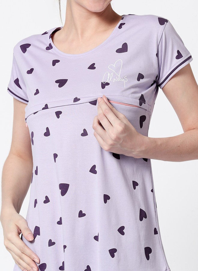 Zeyo Women Purple Printed Nursing & Feeding Pure Cotton Lounge Top - Image 2