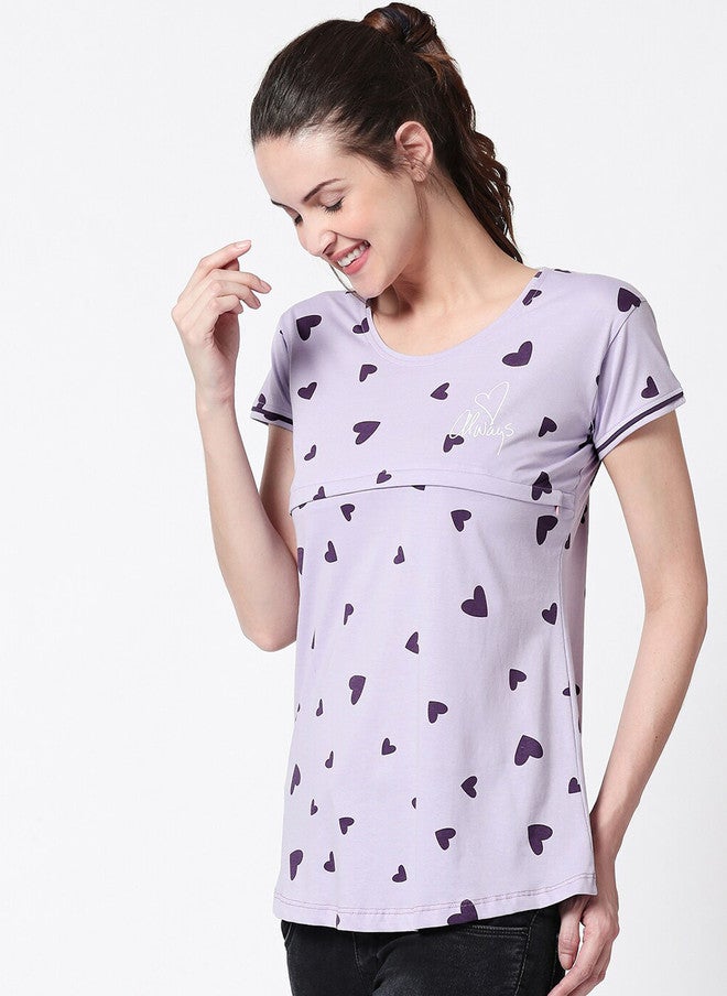 Zeyo Women Purple Printed Nursing & Feeding Pure Cotton Lounge Top - Image 3
