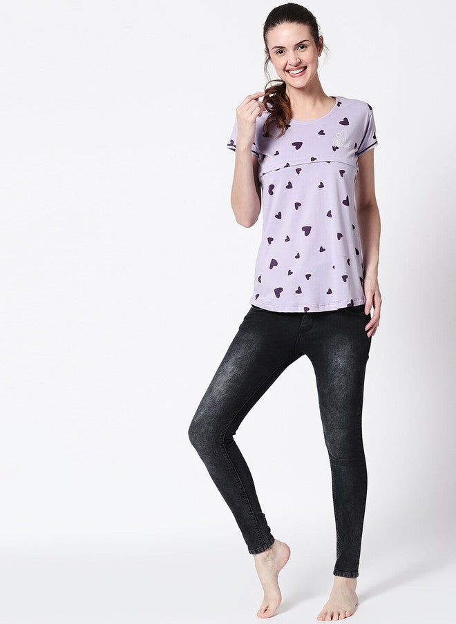 Zeyo Women Purple Printed Nursing & Feeding Pure Cotton Lounge Top - Image 5