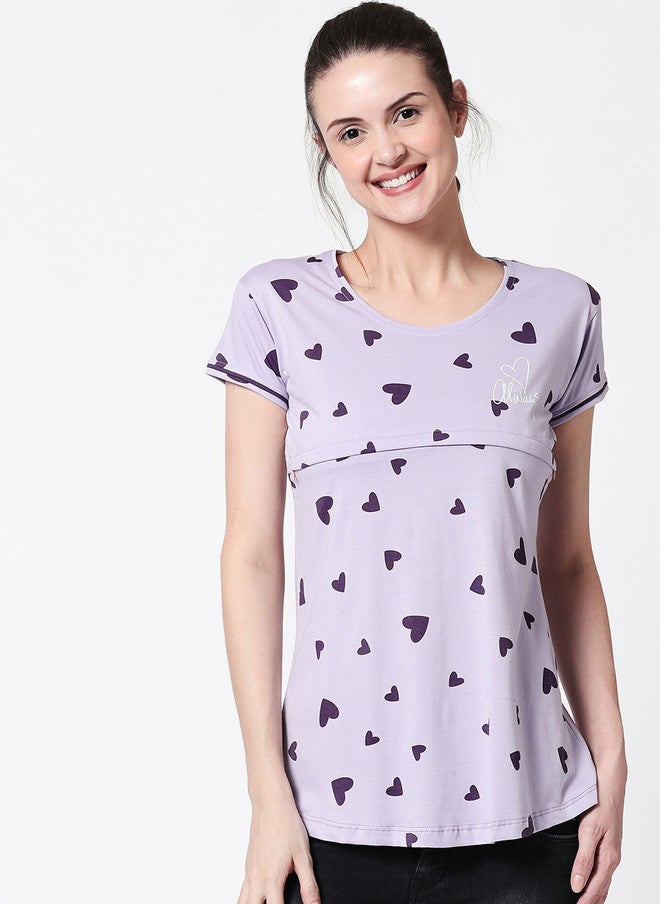 Zeyo Women Purple Printed Nursing & Feeding Pure Cotton Lounge Top - Image 1