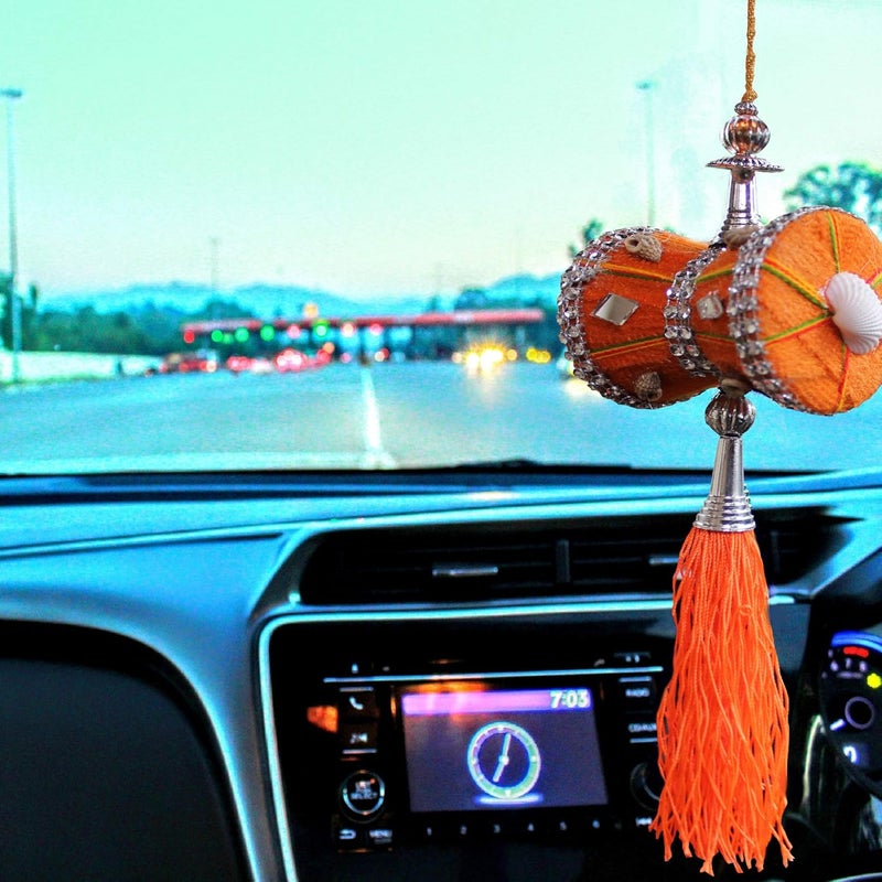 Unique Utilities U & U UNIQUE UTILITIES Car Mirror Hanging Damru | Cloth Car Hanging Shiva Damru | Spiritual Car Interior Decor Accessories, 7 x 6 x 6 cm, Orange - Image 4
