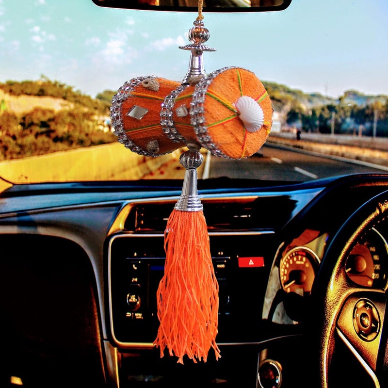 Unique Utilities U & U UNIQUE UTILITIES Car Mirror Hanging Damru | Cloth Car Hanging Shiva Damru | Spiritual Car Interior Decor Accessories, 7 x 6 x 6 cm, Orange - Image 3