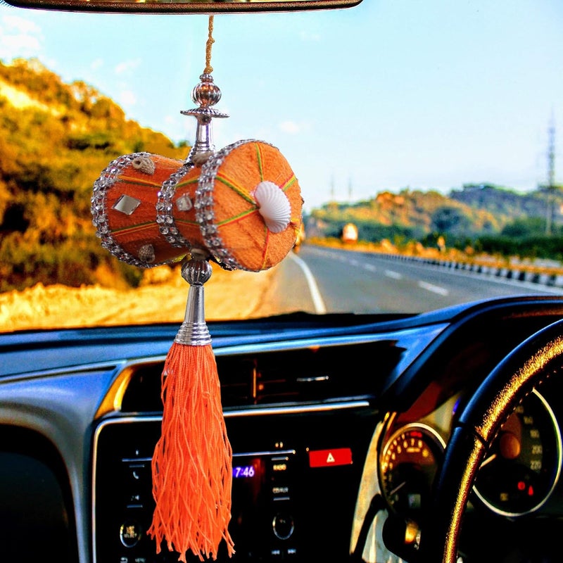 Unique Utilities U & U UNIQUE UTILITIES Car Mirror Hanging Damru | Cloth Car Hanging Shiva Damru | Spiritual Car Interior Decor Accessories, 7 x 6 x 6 cm, Orange - Image 5