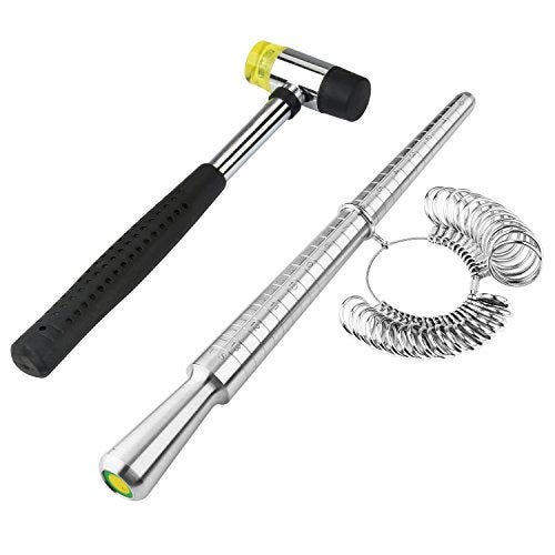 PHYHOO Rould Ring Mandrel Metal Ring Sizer Gauge Set with Jewelers Rubber Mallet Hammer Ring Measurement Tool Finger Sizing Size Measuring US Sizes 0-13 Steel Jewelry Making Tools - Image 1