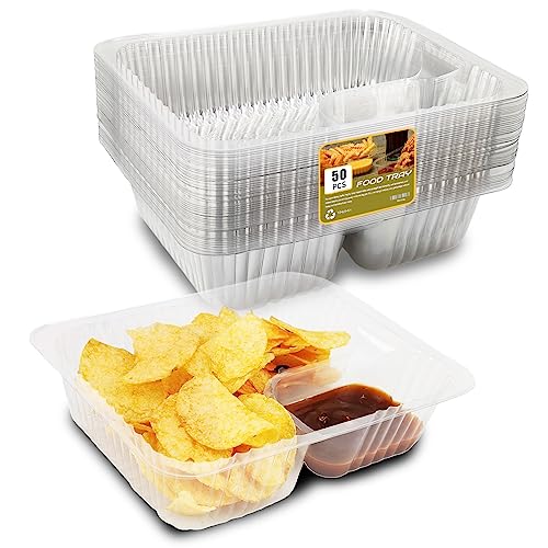 AHKUNMT 50 PC Nacho Trays Disposable, 12oz Plastic Nacho Containers with Chip and Dip Holder, 6x5 In 2 Compartments Clear Snack Trays for Kids,Parties, Movie Night Supplies (Plastic-50pc) - Image 1