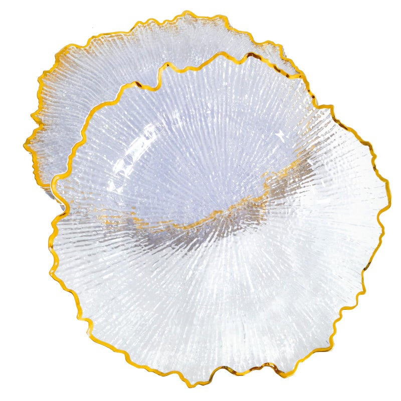 DaCakeWS Acrylic Gold Rim Reef Charger Plates 10PCS, 13inch Plastic Floral Charger Plates Wedding for Dinner (10, Reef Clear) - Image 1