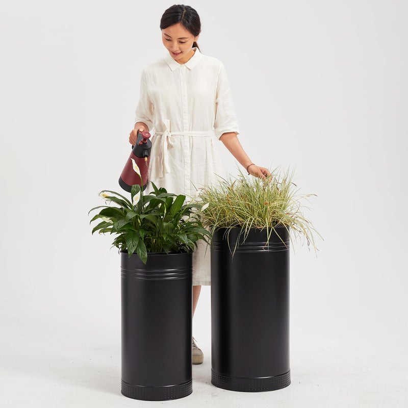 Worth Garden Galvanized Steel Planter 2-Pack - Large:28"x14.5" & Small:24"x12" - Tall Metal Plant Pots - Large Handcrafted Decoration Flower Pot for Indoor Outdoor, Deck, Patio, Front Porch - Black - Image 2