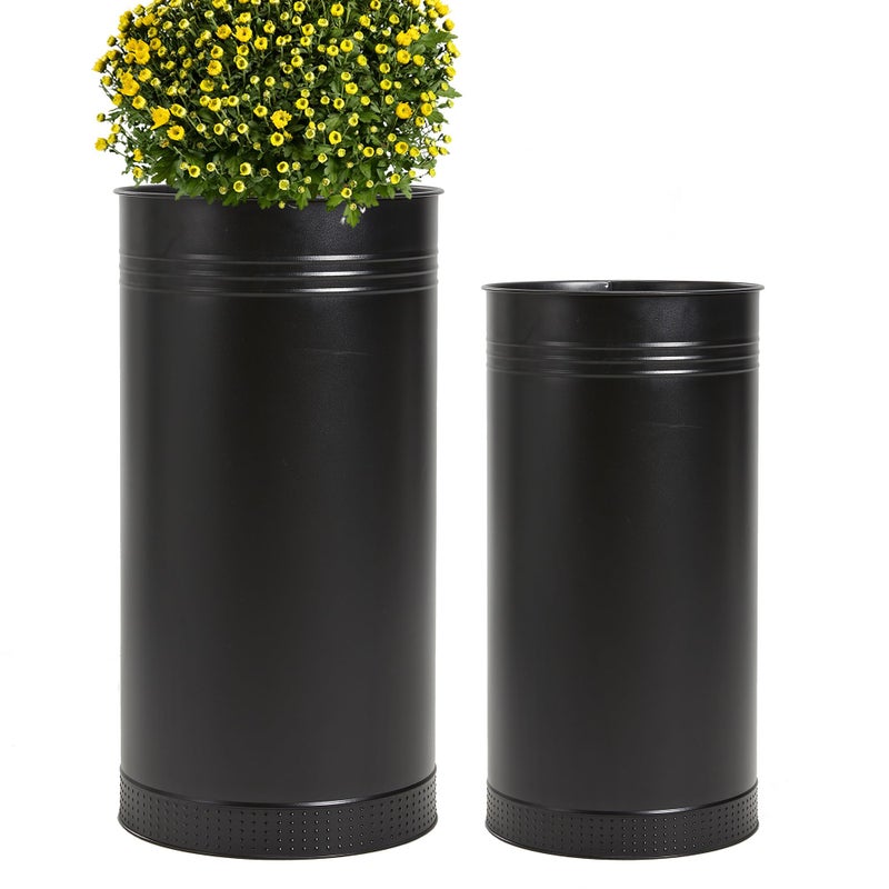 Worth Garden Galvanized Steel Planter 2-Pack - Large:28"x14.5" & Small:24"x12" - Tall Metal Plant Pots - Large Handcrafted Decoration Flower Pot for Indoor Outdoor, Deck, Patio, Front Porch - Black - Image 1