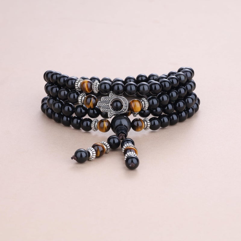 COAI 108 Mala Beads Hamsa Hand Bracelet, Obsidian Tiger Eye 108 Mala Prayer Beads Bracelet for Men Women - Image 4